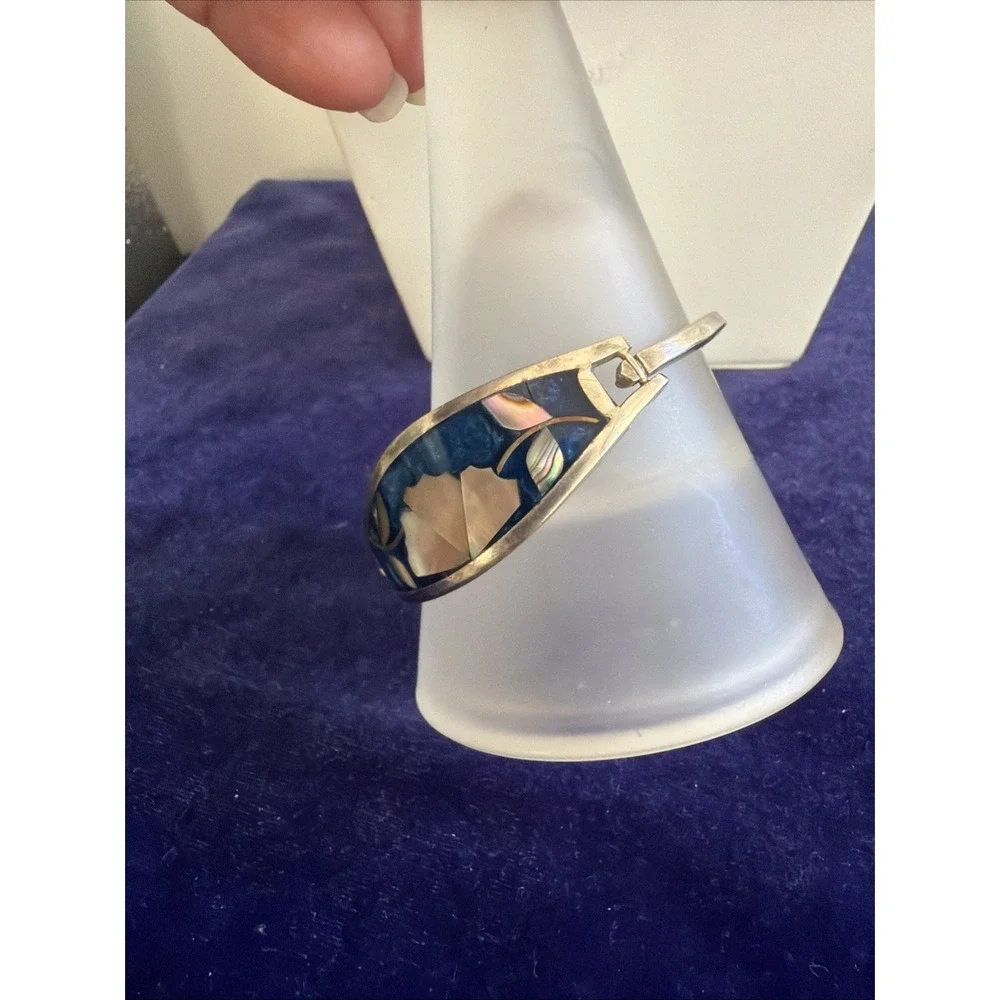 Sterling Silver 925 Abalone Blue Floral Bangle Bracelet Taxco Mexico